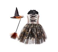 Mufeng Abito da Witch per Bambina con Cappello Scopa Vestito da Maga Vampiro di Carnevale Vestito Glitter Costume di Streghetta per Feste a Tema Oro 3-4 anni