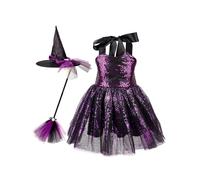 Mufeng Abito da Witch per Bambina con Cappello Scopa Vestito da Maga Vampiro di Carnevale Vestito Glitter Costume di Streghetta per Feste a Tema Viola 11-12 anni