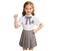 Mufeng Bambina Ragazza Uniforme da Studentessa Camicia a Manica Corta + Gonna a Pieghe Vita Alta per Le Scuole + Papillon Costume Carnevale Halloween A Grigio 5-6 anni