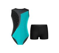 Mufeng Completo da Ginnastica Bambina Ragazza Body Danza Classica Stampato Patchwork Leotards da Balletto + Pantaloncini Tuta da Pattinaggio Artistico Blu Verde 9-10 anni