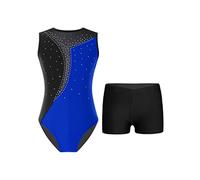 Mufeng Completo da Ginnastica Bambina Ragazza Body Danza Classica Stampato Patchwork Leotards da Balletto + Pantaloncini Tuta da Pattinaggio Artistico Blu 13-14 anni