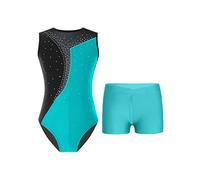 Mufeng Completo da Ginnastica Bambina Ragazza Body Danza Classica Stampato Patchwork Leotards da Balletto + Pantaloncini Tuta da Pattinaggio Artistico Blu verde A 11-12 anni