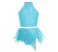 Mufeng Completo Danza Classica Moderna Bambina Halter Crop Top da Ballo Jazz Hip Hop Canotta con Paillettes + Piume Gonna Abito da Pattinaggio Artistico Blu Verde A 5-6 Anni