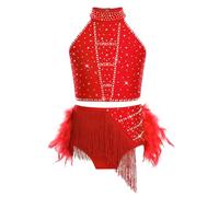 Mufeng Completo Danza Classica Moderna Bambina Halter Crop Top da Ballo Jazz Hip Hop Canotta con Paillettes + Piume Gonna Abito da Pattinaggio Artistico Rosso A 5-6 Anni