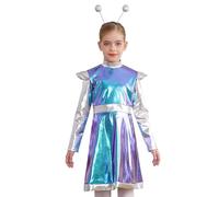 Mufeng Costume Alieno Adorabile per Bambina con Accessori Alieni Abito da Alieno Extraterrestre Spazio Marziano Metallico Olografico Vestito Spaziale Cosplay Blu 15-16 anni