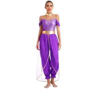 Mufeng Costume da Principessa del Deserto Donna Costume Vestito Danza del Ventre Paillettes Salopette a Gamba Larga Costume Danzatrice Orientale Viola S