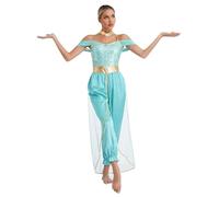 Mufeng Costume da Principessa del Deserto Donna Costume Vestito Danza del Ventre Paillettes Salopette a Gamba Larga Costume Danzatrice Orientale Turchese S