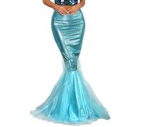 Mufeng Costume da Principessa Sirena per Donna Gonna a Coda di Sirena con Paillettes Maxi Gonna per Carnevale Halloween Costume di Danza del Ventre Blu XXL