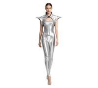 Mufeng Donna Costume Metallico Alieno Donne Pezzi Tuta Spaziale Lucente | Mantello Con Colletto Alto,Chiusura Fibbia Anteriore,Set Pezzi,Danza Classica,Festival Di Rave,Club,Cosplay,Party,Vacanze