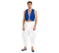Mufeng Gilet da Principe Arabo Indiano Uomo Costume Genio della Lampada Set di Pantaloni Sherwani e Dhoti Gilet Senza Manica per Feste Carnevale Halloween Blu A M