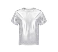 Mufeng Maglia da Bambini Bambina Metallizzata Lucida a Maniche Corte Crop Top Maglietta da Danza Moderna Abito da Ballo Jazz Hip Hop T-Shirt da Festa Discoteca Argento 5-6 Anni