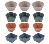 Muffin Cases Silicone Muffin Mould Baking Moulds - Confezione di 12 custodie per cupcake 4 modelli quadrati, circolari, floreali, a forma di cuore, senza BPA, per torte, crema e budini