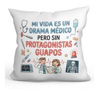 Mugffins Cuscino con imbottitura e frase Mi vida es un drama médico pero sin protagonistas guapos in Spagnolo | 40x40cm poliestere | idea regalo per medici, infermieri | sanitarios v3