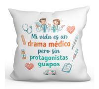 Mugffins Cuscino con imbottitura e frase Mi vida es un drama médico pero sin protagonistas guapos in Spagnolo | 40x40cm poliestere | idea regalo per medici, infermieri | sanitarios v2