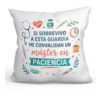Mugffins Cuscino con imbottitura e frase Si sobrevivo a esta guardia me convalidan un máster en paciencia in Spagnolo | 40x40cm poliestere | idea regalo per medici, infermieri | sanitarios v2
