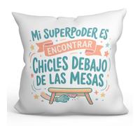 Mugffins Cuscino con imbottitura | Mi superpoder es encontrar chicles debajo de las mesas in Spagnolo | regalo divertente insegnante | 40x40cm poliestere | Profesorado v2