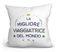 Mugffins Cuscino VIAGGIATRICE donna - In italiano - Miglior del Mondo - Idee Regali Divertenti Laurea Compleanno - Rivestimento e Imbottitura (40x40 cm). Tatto Cotone