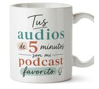 Mugffins tazza divertente per amiche e amici Amistad v1 | Ceramica 330 ml; «Tus audios de 5 minutos son mi podcast favorito» in Spagnolo