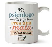 Mugffins tazza divertente per amiche e amici Amistad v3 | Ceramica 330 ml; «Mi psicólogo dice que eres una mala influencia» in Spagnolo