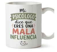 Mugffins tazza divertente per amiche e amici Amistad v4 | Ceramica 330 ml; «Mi psicólogo dice que eres una mala influencia» in Spagnolo