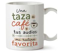 Mugffins tazza divertente per amiche e amici Amistad v4 | Ceramica 330 ml; «Una taza de café y tus audios: mi rutina favorita» in Spagnolo