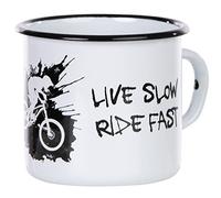 Mugsy.de - Tazza Smaltata di Alta qualità, con Motivo Mountain Bike, Decorazione alla Moda e Scritta “Live Slow Ride Fast”, Leggera e Resistente