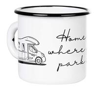 Mugsy - Tazza smaltata con scritta in inglese “Home is where you park it”, colore bianco, 330 ml, infrangibile, con immagine di camper con alcova