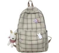 MUGUOY Light Academia Aesthetic Backpack,Plaid Preppy Backpack with Pins and Plushies,Checkered Bookbags,Back to School Supplies for Teens. (Beige)