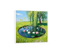 MUHJDYC Quadro Paesaggio su Tela, Stagno Lotus Salice Natura Immagini Moderni Murale Soggiorno, Pronto da Appendere 60x60cm Cornice Bianca