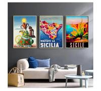 Muholin 3 dipinti su tela da viaggio,poster vintage,decorazione da parete per la casa,isola di Sicilia,Italia,fiori d'arancio 30x40cmx3 Senza Cornice