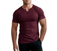 Muhshoiy Uomo vestibilità Slim Manica Corta Shirt, Maglietta Casuale Scollo a V, Magliette Intime Costine Stretch Rosso M