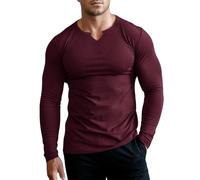 Muhshoiy Uomo vestibilità Slim Manica Lunga Shirt, Maglietta Casuale Scollo a V, Magliette Intime Costine Stretch Rosso XXL