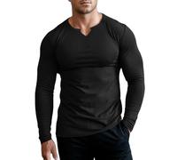 Muhshoiy Uomo vestibilità Slim Manica Lunga Shirt, Maglietta Casuale Scollo a V, Magliette Intime Costine Stretch Nero L