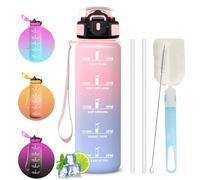 Mujigaga Borraccia 1 litro, Borraccia Bambino con Cannuccia, Spazzole a Bottiglia e Cannuccia, Bottiglia Motivazionale con Orari, A Prova di Perdite Borracce per Scuola, Trekking, Outdoor, Bambina