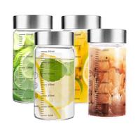 MUJUZE Bottiglie di vetro da 300 ml con coperchio in acciaio inox, set da 4 bicchieri per smoothie con scala di misurazione, per succhi, frullati, latte, bottiglie di succo di vetro, senza BPA