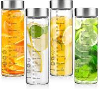 MUJUZE Bottiglie di vetro da 500 ml con coperchio in acciaio inox, set da 4 bicchieri per smoothie con scala di misurazione, per succhi, frullati, latte, bottiglie di succo di vetro, senza BPA