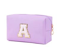 Muka Piccola borsa per il trucco con lettera, piccola borsa da viaggio in pelle PU, borsa cosmetica in ciniglia preppy - viola-S, Viola, S