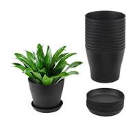 MUKCHAP Confezione da 12 vasi in plastica da 17 cm con piattini, fioriere in plastica nera con drenaggio, vasi da fiori rotondi per interni ed esterni