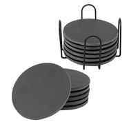 MUKCHAP Set di 12 sottobicchieri in ardesia con supporto, sottobicchieri in pietra nera, rotondi da 10 cm
