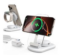 Mukiya - Caricabatterie per Apple Watch e iPhone, stazione di ricarica 3 in 1, compatibile con iPhone 17 16 15 14 13 12, per Apple Watch 10/9, Airpods 3/2/Pro, pieghevole regolabile, colore avorio