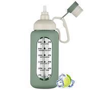 MUKOKO Bottiglie d'acqua in vetro da 1,8 litri con cannuccia, brocca d'acqua da 1,8 litri con indicatore del tempo, bottiglia motivazionale sportiva grande con custodia in silicone, verde oliva