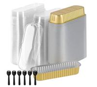 MUKSEUT 100 mini teglie rettangolari da 200 ml con coperchio e cucchiai, in alluminio, per matrimoni, compleanni, picnic (oro)