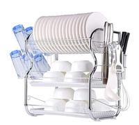 MUL-BOUTIQUE Scolapiatti da cucina in acciaio inox, grande capacità, scolapiatti da cucina a 2 livelli, con vassoio estraibile e ganci (42 x 25 x 43,5 cm, portabicchieri)