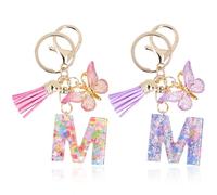 Mulaibdin 2 Pezzi Portachiavi Personalizzato, Portachiavi Lettera Brillantini, Portachiavi con Nome, Regalo Donna Ragazza, Farfalla Portachiavi con Iniziale per Borsa,Macchina,Moto,Auto (M)