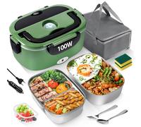MULBEVD Scaldavivande Elettrico Portatile 100 W 3-in-1, Lunch Box Elettrico con 2 x 1,5 L Inox e 0,45 L Contenitore Portavivande, 220 V/12 V/24 V per Casa, Auto, Viaggio e Ufficio (Verde)
