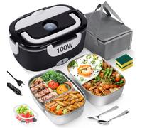 MULBEVD Scaldavivande Elettrico Portatile 100 W 3-in-1, Lunch Box Elettrico con 2 x 1,5 L Inox e 0,45 L Contenitore Portavivande, 220 V/12 V/24 V per Casa, Auto, Viaggio e Ufficio (Nero)