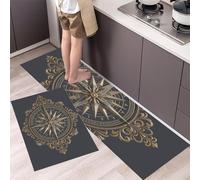 MULERN 2 Pezzi Tappetino da Cucina Antiscivolo con Rosa Dei Venti, Set di Tappetini e Tappeti Decorativa Vintage Lavabili per Corridoio Sala da Pranzo Ingresso, 40x60cm+40x120cm