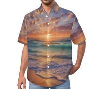 MULERN Camicia da Uomo a Maniche Corte con Bottoni, Stile Paesaggio Costiero con Stampa Tramonto tra Le Onde dell'Oceano, vestibilità Regolare, Camicie da Spiaggia Estiva Hawaiano, Aloha