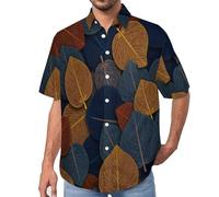MULERN Camicia da Uomo a Maniche Corte Funky, Arte retrò con Foglie E Linee, Aloha Camicias Estiva per la Spiaggia, vestibilità Normale con Bottoni, per Libero Vacanze