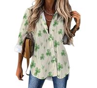 MULERN Camicia Donna Fresco A Base Vegetale con Colletto e Bottoni | Camicia Stampata 3D con Fantasia Trifoglio, Maniche Lunghe, Camicetta Casual Elegante Donna perTempo Libero